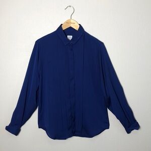 J. G. HOOK Women Size 14 Dark Blue Pleated Front Long Sleeve Button‎ Up Blouse